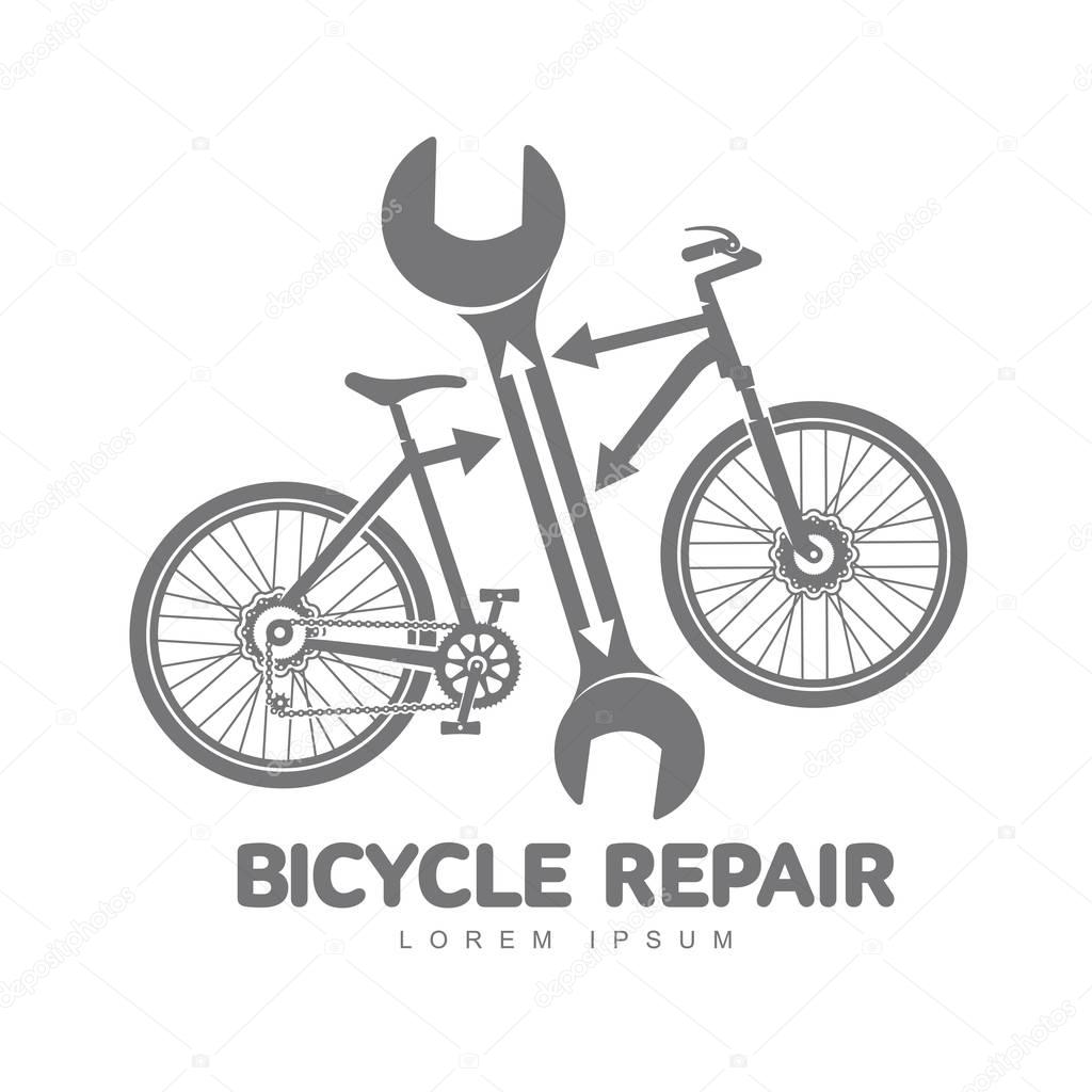 Bicycle repair workshop vector logo template for your design. Bike repair badges, labels, banners, advertisements, brochures, business templates. Vector illustration isolated on white background
