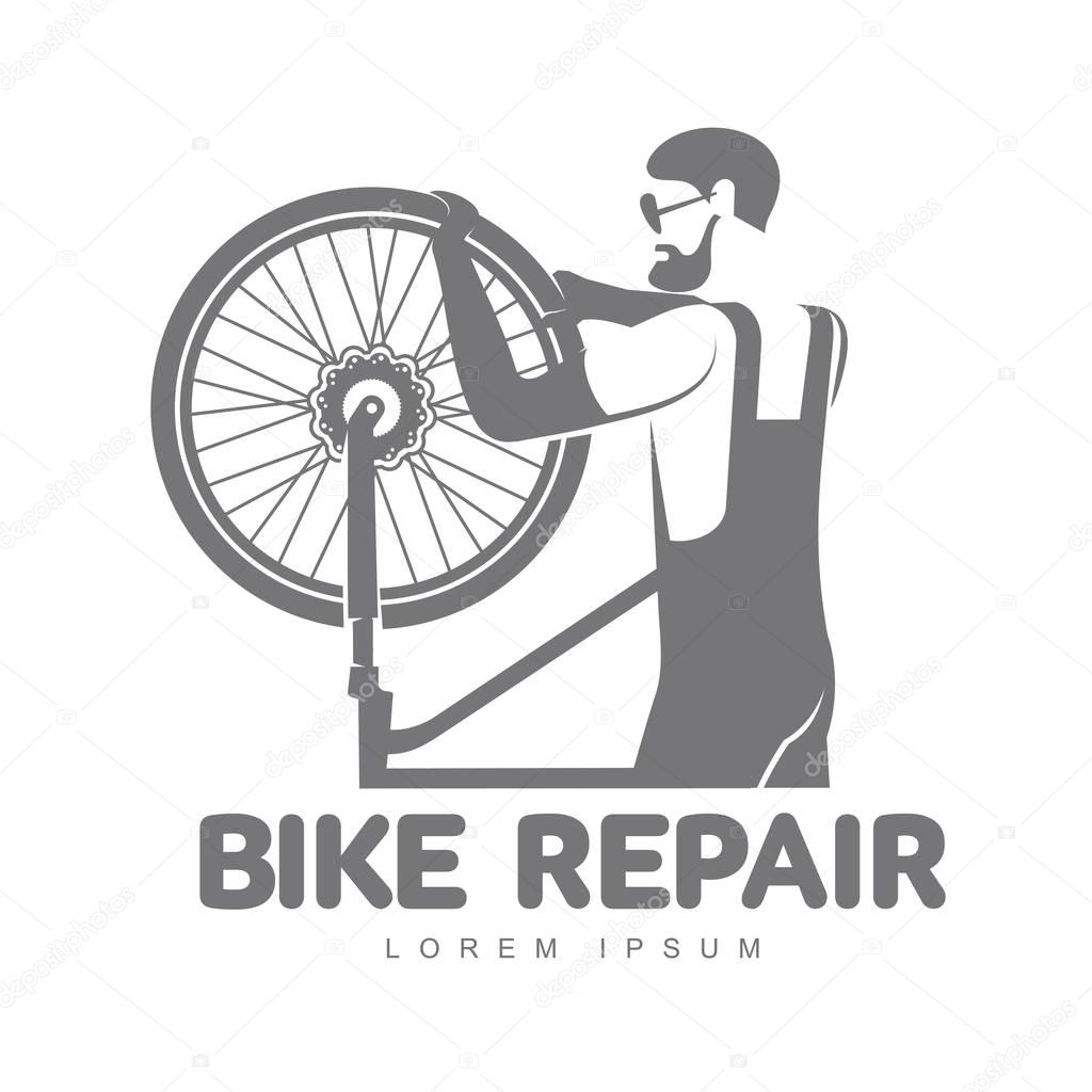 Bicycle repair workshop vector logo template for your design. Bike repair badges, labels, banners, advertisements, brochures, business templates. Vector illustration isolated on white background