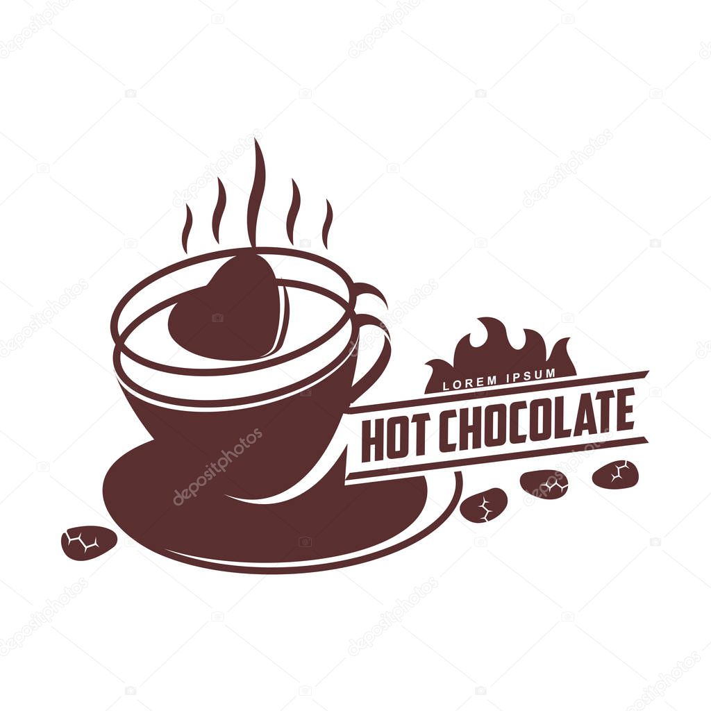 Vector logo template hot chocolate. Hot cocoa, marshmallow. Vector template for business card, poster, banner, design elements for cafe, coffee shop. Isolated on white background.