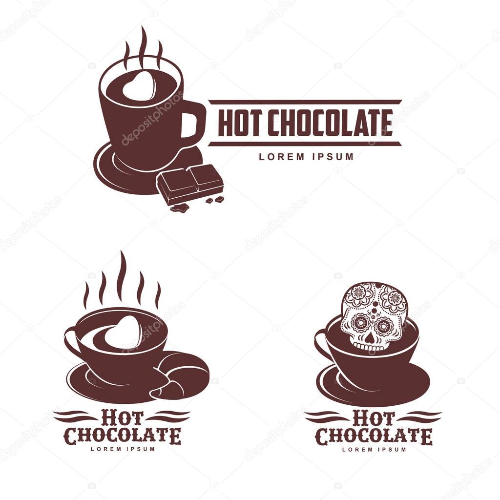 Vector set logo template hot chocolate. Hot cocoa, marshmallow. Vector template for business card, poster, banner, design elements for cafe, coffee shop. Isolated on white background.