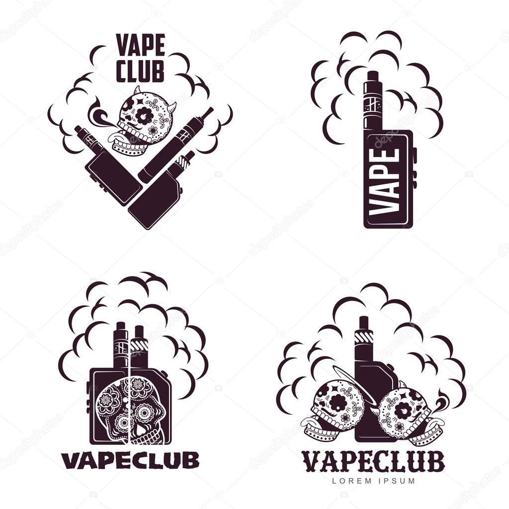 Vape, e-cigarette emblems, labels, prints and logo. Vector vintage illustration. Isolated on white background.