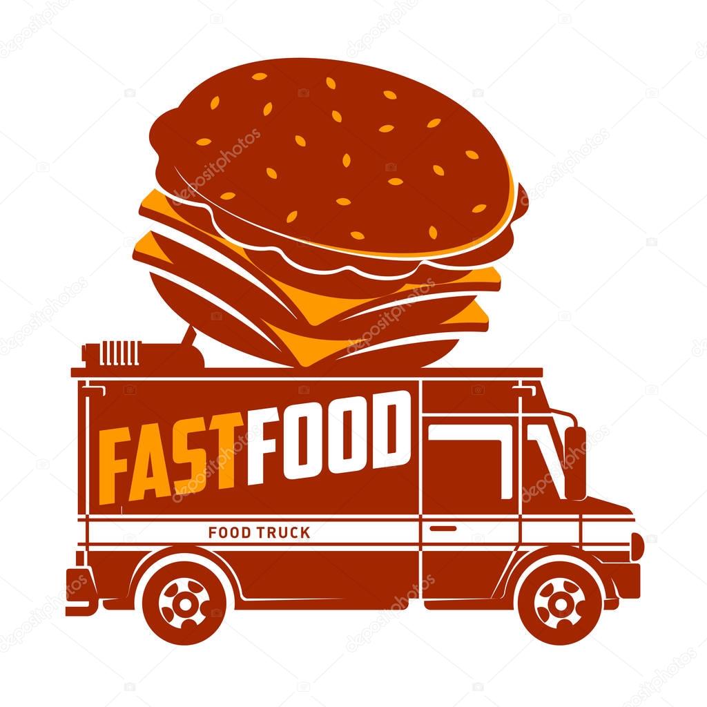 Food truck hamburger logo vector illustration. Vintage style labels design concept for food delivery service vehicles. Two colors logo templates for your design. Isolated on a white background