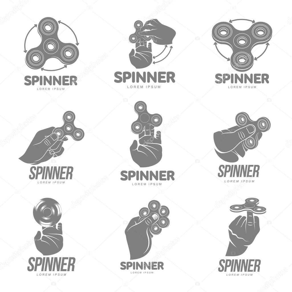 Hand spinner set vector logo template for your design. Hand spinner tricks badges, labels, banners, advertisements, brochures, business templates. Vector illustration isolated on white background