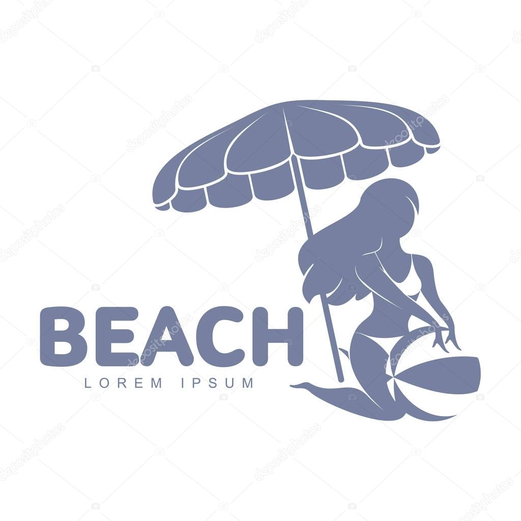 Logo templates with beach umbrella and sun bathing lounge chairs. Black and white graphic logotypes, logo templates with sunshade umbrellas and girl. Vector illustration isolated on white background.