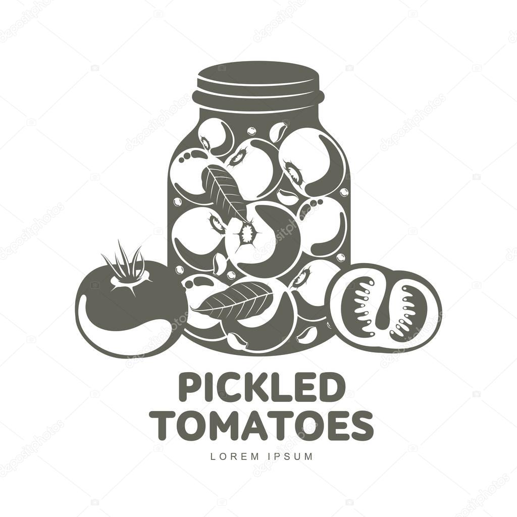 Pickled tomatoes glass jar logo for your design. Home canning, tomatoes, marinade, black peppercorn, bay leaf, brine. Pickled tomatoes badges, labels. Vector illustration isolated on white background