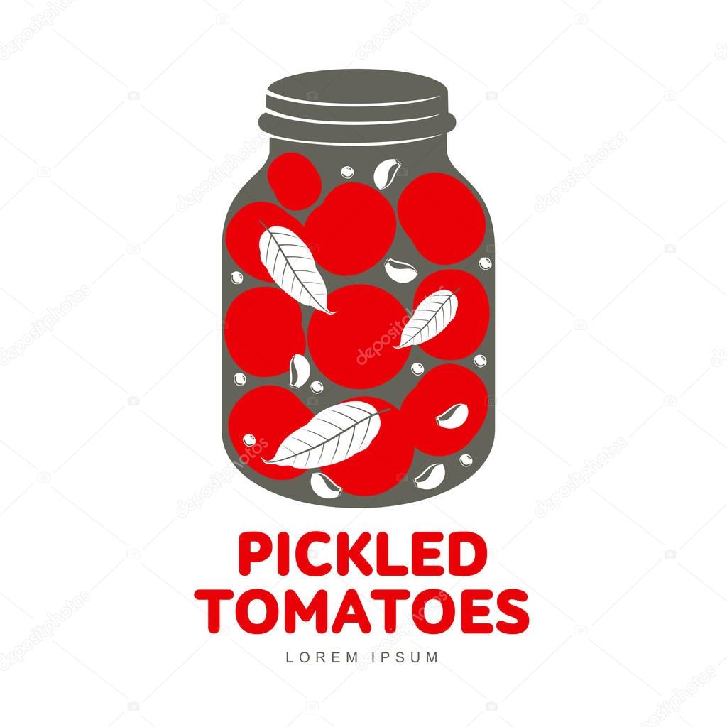 Pickled tomatoes glass jar logo for your design. Home canning, tomatoes, marinade, black peppercorn, bay leaf, brine. Pickled tomatoes badges, labels. Vector illustration isolated on white background
