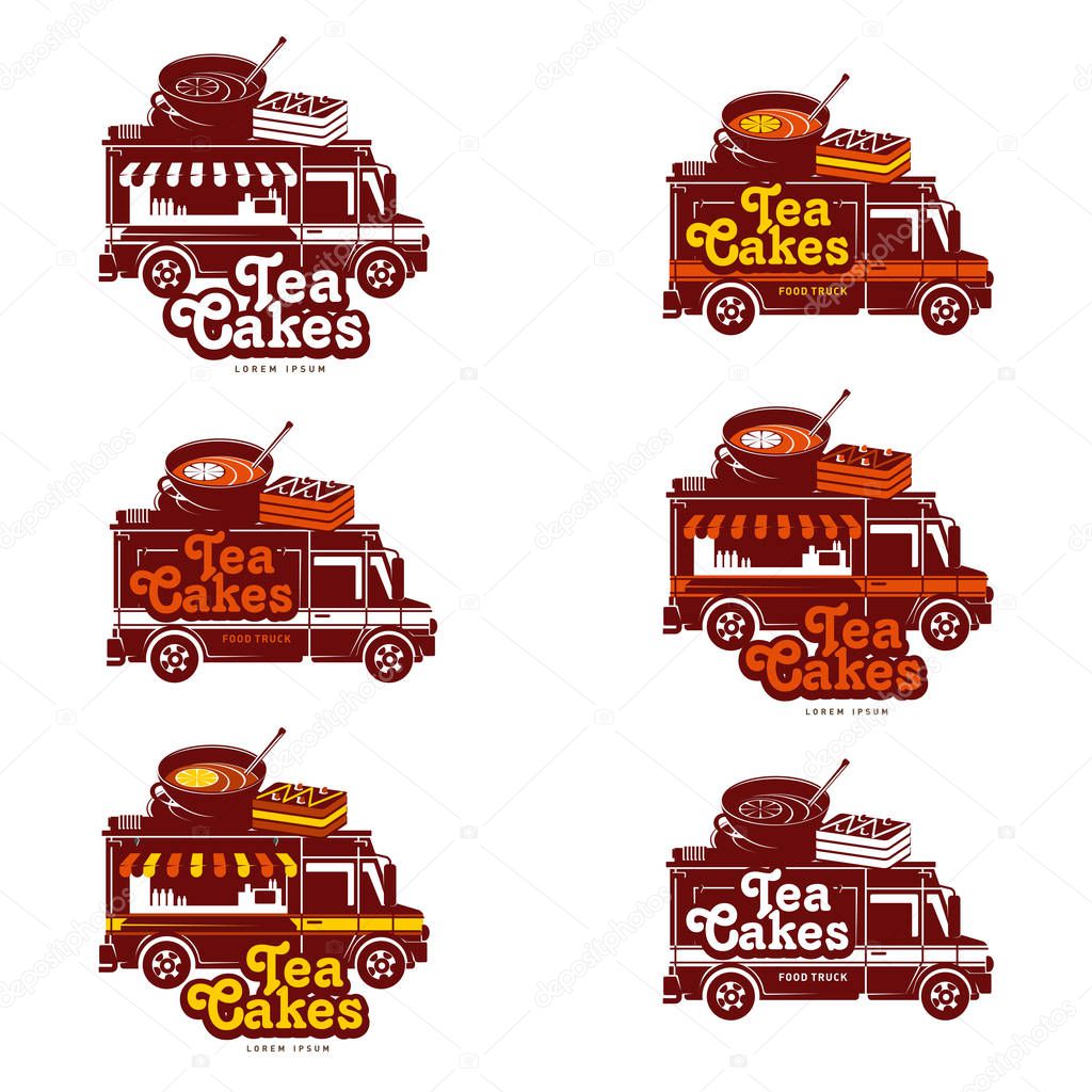 Food truck tea and cakes logo vector illustration. Vintage style badges and labels design concept for confectionery and food delivery service vehicles. Isolated on a white background