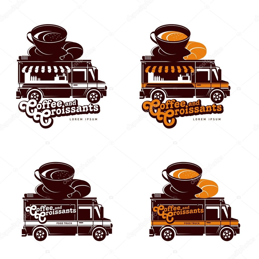 Food truck coffee and croissants logo vector illustration. Vintage style badges and labels design concept for confectionery and food delivery service vehicles. Isolated on a white background