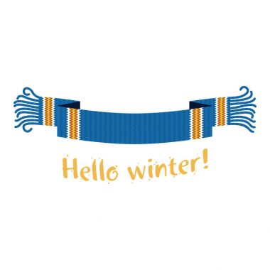 Kar ve Ladin Ormanı'nın fon karşı Merhaba kış yazıt ile sıcak örme kış eşarp. Vektör düz çizim. Web afiş, reklam, broşür, iş şablonları. Beyaz bir arka plan üzerinde izole.