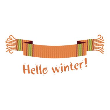 Kar ve Ladin Ormanı'nın fon karşı Merhaba kış yazıt ile sıcak örme kış eşarp. Vektör düz çizim. Web afiş, reklam, broşür, iş şablonları. Beyaz bir arka plan üzerinde izole.