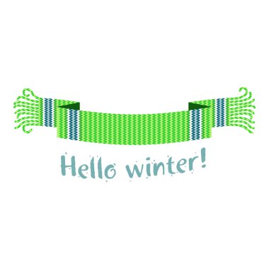 Kar ve Ladin Ormanı'nın fon karşı Merhaba kış yazıt ile sıcak örme kış eşarp. Vektör düz çizim. Web afiş, reklam, broşür, iş şablonları. Beyaz bir arka plan üzerinde izole.