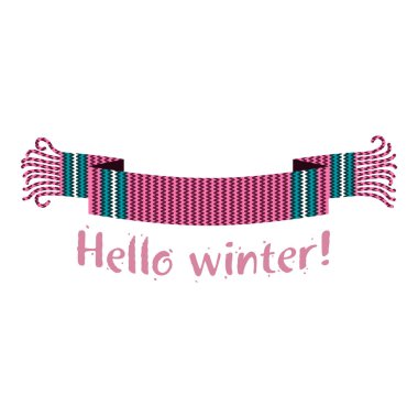 Kar ve Ladin Ormanı'nın fon karşı Merhaba kış yazıt ile sıcak örme kış eşarp. Vektör düz çizim. Web afiş, reklam, broşür, iş şablonları. Beyaz bir arka plan üzerinde izole.