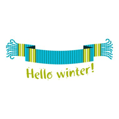 Kar ve Ladin Ormanı'nın fon karşı Merhaba kış yazıt ile sıcak örme kış eşarp. Vektör düz çizim. Web afiş, reklam, broşür, iş şablonları. Beyaz bir arka plan üzerinde izole.