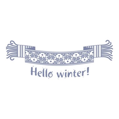 Kar ve Ladin Ormanı'nın fon karşı Merhaba kış yazıt ile sıcak örme kış eşarp. Vektör düz çizim. Web afiş, reklam, broşür, iş şablonları. Beyaz bir arka plan üzerinde izole.