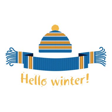 Örme kış eşarp ve kapağı yazıt Merhaba kış ile sıcak. Vektör düz çizim. Web afiş, reklam, broşür, iş şablonları. Beyaz bir arka plan üzerinde izole.
