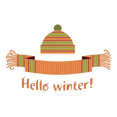 Örme kış eşarp ve kapağı yazıt Merhaba kış ile sıcak. Vektör düz çizim. Web afiş, reklam, broşür, iş şablonları. Beyaz bir arka plan üzerinde izole.
