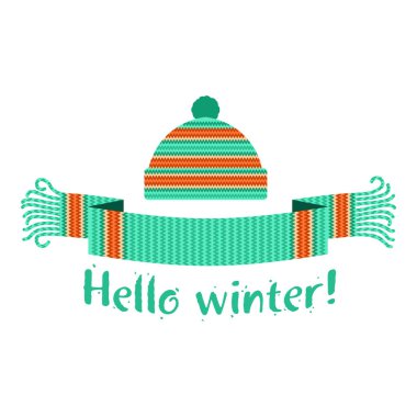 Örme kış eşarp ve kapağı yazıt Merhaba kış ile sıcak. Vektör düz çizim. Web afiş, reklam, broşür, iş şablonları. Beyaz bir arka plan üzerinde izole.