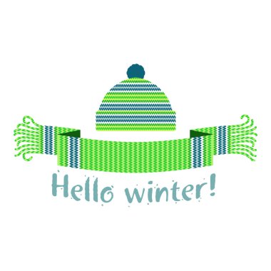 Örme kış eşarp ve kapağı yazıt Merhaba kış ile sıcak. Vektör düz çizim. Web afiş, reklam, broşür, iş şablonları. Beyaz bir arka plan üzerinde izole.