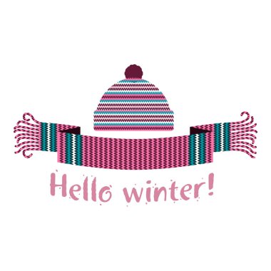 Örme kış eşarp ve kapağı yazıt Merhaba kış ile sıcak. Vektör düz çizim. Web afiş, reklam, broşür, iş şablonları. Beyaz bir arka plan üzerinde izole.