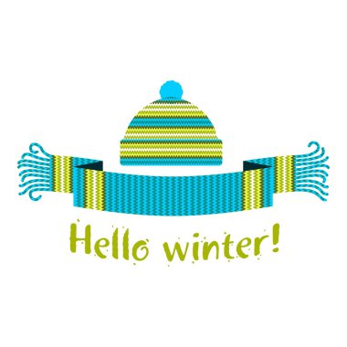 Örme kış eşarp ve kapağı yazıt Merhaba kış ile sıcak. Vektör düz çizim. Web afiş, reklam, broşür, iş şablonları. Beyaz bir arka plan üzerinde izole.
