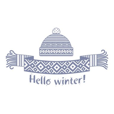 Örme kış eşarp ve kapağı yazıt Merhaba kış ile sıcak. Vektör düz çizim. Web afiş, reklam, broşür, iş şablonları. Beyaz bir arka plan üzerinde izole.