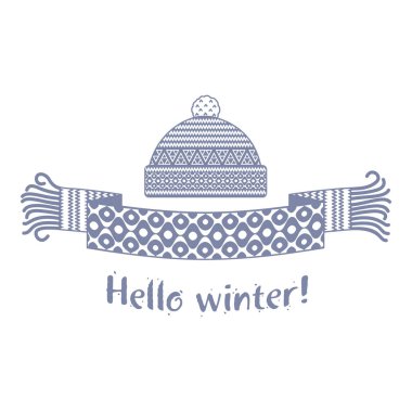 Örme kış eşarp ve kapağı yazıt Merhaba kış ile sıcak. Vektör düz çizim. Web afiş, reklam, broşür, iş şablonları. Beyaz bir arka plan üzerinde izole.