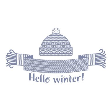 Örme kış eşarp ve kapağı yazıt Merhaba kış ile sıcak. Vektör düz çizim. Web afiş, reklam, broşür, iş şablonları. Beyaz bir arka plan üzerinde izole.