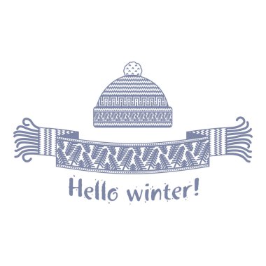Örme kış eşarp ve kapağı yazıt Merhaba kış ile sıcak. Vektör düz çizim. Web afiş, reklam, broşür, iş şablonları. Beyaz bir arka plan üzerinde izole.
