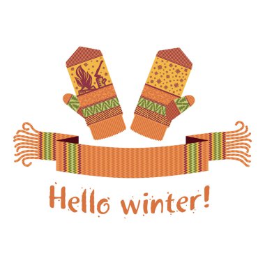 Örme kış eşarp ve mitten Merhaba kış yazıt ile sıcak. Vektör düz çizim. Web afiş, reklam, broşür, iş şablonları. Beyaz bir arka plan üzerinde izole.