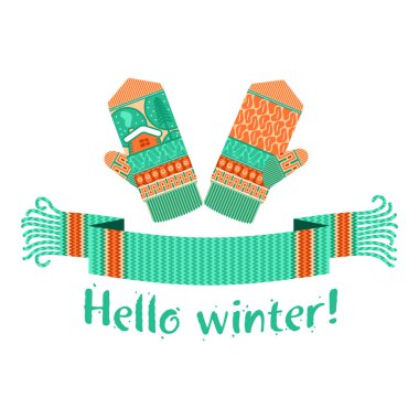 Örme kış eşarp ve mitten Merhaba kış yazıt ile sıcak. Vektör düz çizim. Web afiş, reklam, broşür, iş şablonları. Beyaz bir arka plan üzerinde izole.