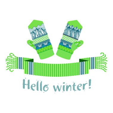 Örme kış eşarp ve mitten Merhaba kış yazıt ile sıcak. Vektör düz çizim. Web afiş, reklam, broşür, iş şablonları. Beyaz bir arka plan üzerinde izole.