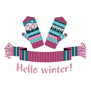 Örme kış eşarp ve mitten Merhaba kış yazıt ile sıcak. Vektör düz çizim. Web afiş, reklam, broşür, iş şablonları. Beyaz bir arka plan üzerinde izole.