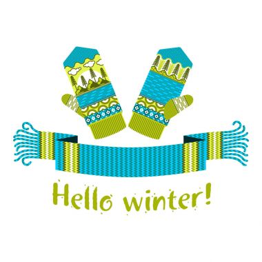 Örme kış eşarp ve mitten Merhaba kış yazıt ile sıcak. Vektör düz çizim. Web afiş, reklam, broşür, iş şablonları. Beyaz bir arka plan üzerinde izole.