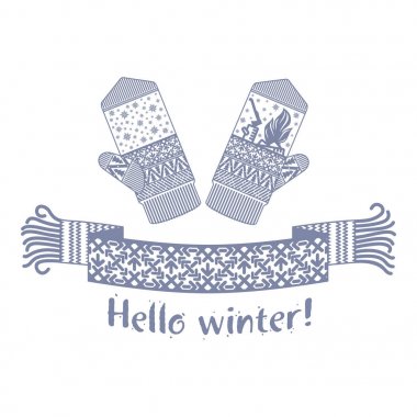 Örme kış eşarp ve mitten Merhaba kış yazıt ile sıcak. Vektör düz çizim. Web afiş, reklam, broşür, iş şablonları. Beyaz bir arka plan üzerinde izole.