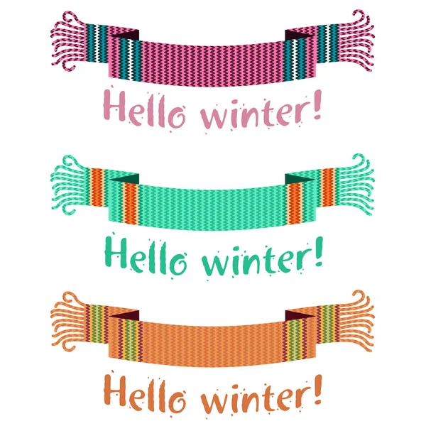 Kar ve Ladin Ormanı'nın fon karşı Merhaba kış yazıt ile sıcak örme kış eşarp. Vektör düz çizim. Web afiş, reklam, broşür, iş şablonları. Beyaz bir arka plan üzerinde izole.