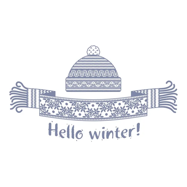 Bufanda Invierno Punto Cálido Gorra Con Inscripción Hello Winter Ilustración — Vector de stock