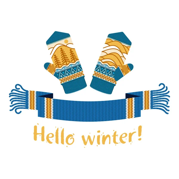 Теплый Вязаный Зимний Шарф Варежка Надписью Hello Winter Векторная Плоская — стоковый вектор