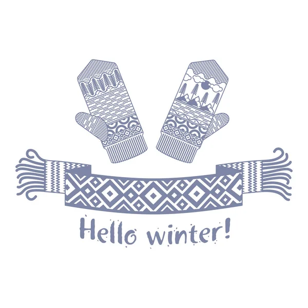Örme kış eşarp ve mitten Merhaba kış yazıt ile sıcak. Vektör düz çizim. Web afiş, reklam, broşür, iş şablonları. Beyaz bir arka plan üzerinde izole.