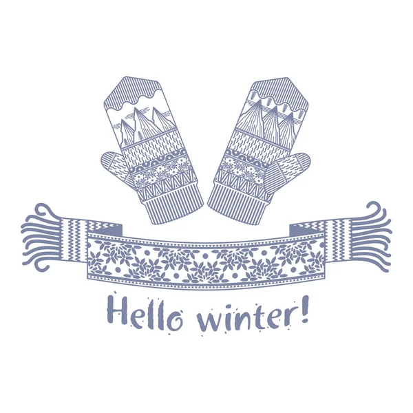Bufanda Invierno Punto Cálido Mitón Con Inscripción Hello Winter Ilustración — Vector de stock