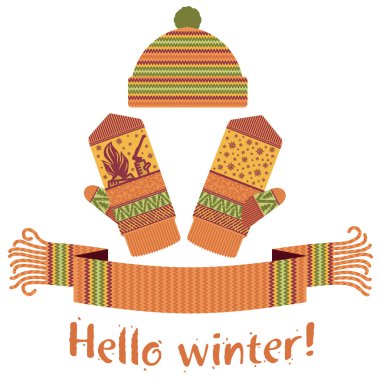 Örme kış eşarp ve mitten Merhaba kış yazıt ile sıcak. Vektör düz çizim. Web afiş, reklam, broşür, iş şablonları. Beyaz bir arka plan üzerinde izole.