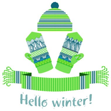 Örme kış eşarp ve mitten Merhaba kış yazıt ile sıcak. Vektör düz çizim. Web afiş, reklam, broşür, iş şablonları. Beyaz bir arka plan üzerinde izole.