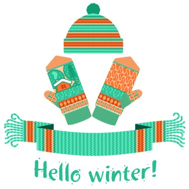 Örme kış eşarp ve mitten Merhaba kış yazıt ile sıcak. Vektör düz çizim. Web afiş, reklam, broşür, iş şablonları. Beyaz bir arka plan üzerinde izole.