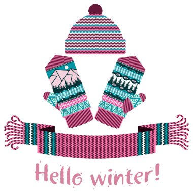 Örme kış eşarp ve mitten Merhaba kış yazıt ile sıcak. Vektör düz çizim. Web afiş, reklam, broşür, iş şablonları. Beyaz bir arka plan üzerinde izole.