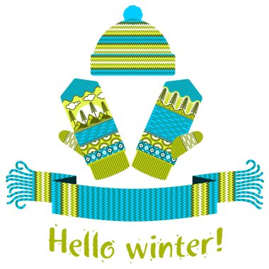 Örme kış eşarp ve mitten Merhaba kış yazıt ile sıcak. Vektör düz çizim. Web afiş, reklam, broşür, iş şablonları. Beyaz bir arka plan üzerinde izole.