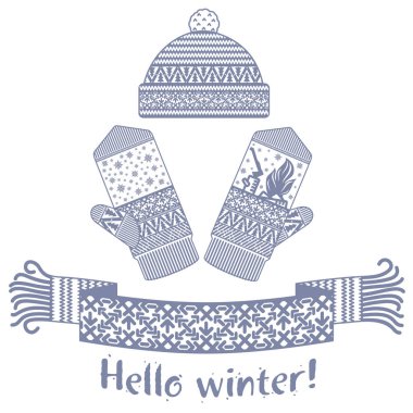 Örme kış eşarp ve mitten Merhaba kış yazıt ile sıcak. Vektör düz çizim. Web afiş, reklam, broşür, iş şablonları. Beyaz bir arka plan üzerinde izole.