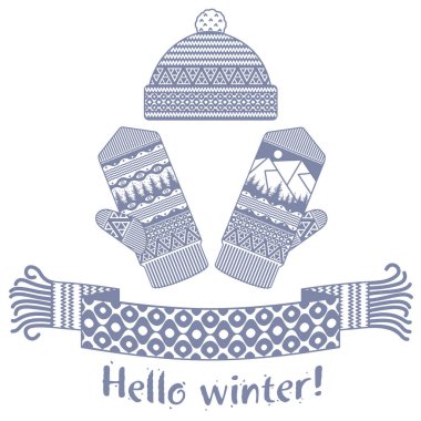 Örme kış eşarp ve mitten Merhaba kış yazıt ile sıcak. Vektör düz çizim. Web afiş, reklam, broşür, iş şablonları. Beyaz bir arka plan üzerinde izole.