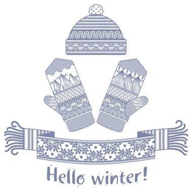 Örme kış eşarp ve mitten Merhaba kış yazıt ile sıcak. Vektör düz çizim. Web afiş, reklam, broşür, iş şablonları. Beyaz bir arka plan üzerinde izole.