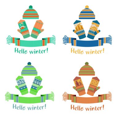 Örme kış eşarp ve mitten Merhaba kış yazıt ile sıcak. Vektör düz çizim. Web afiş, reklam, broşür, iş şablonları. Beyaz bir arka plan üzerinde izole.