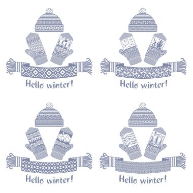 Örme kış eşarp ve mitten Merhaba kış yazıt ile sıcak. Vektör düz çizim. Web afiş, reklam, broşür, iş şablonları. Beyaz bir arka plan üzerinde izole.