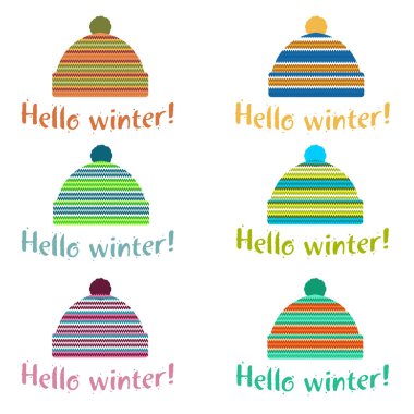 Yumuşak vintage renklerde kış kap illüstrasyonlar. Dağlar ve çam görüntü ile Mittens logo şablonlar. Beyaz arka plan üzerinde izole vektör çizimler.